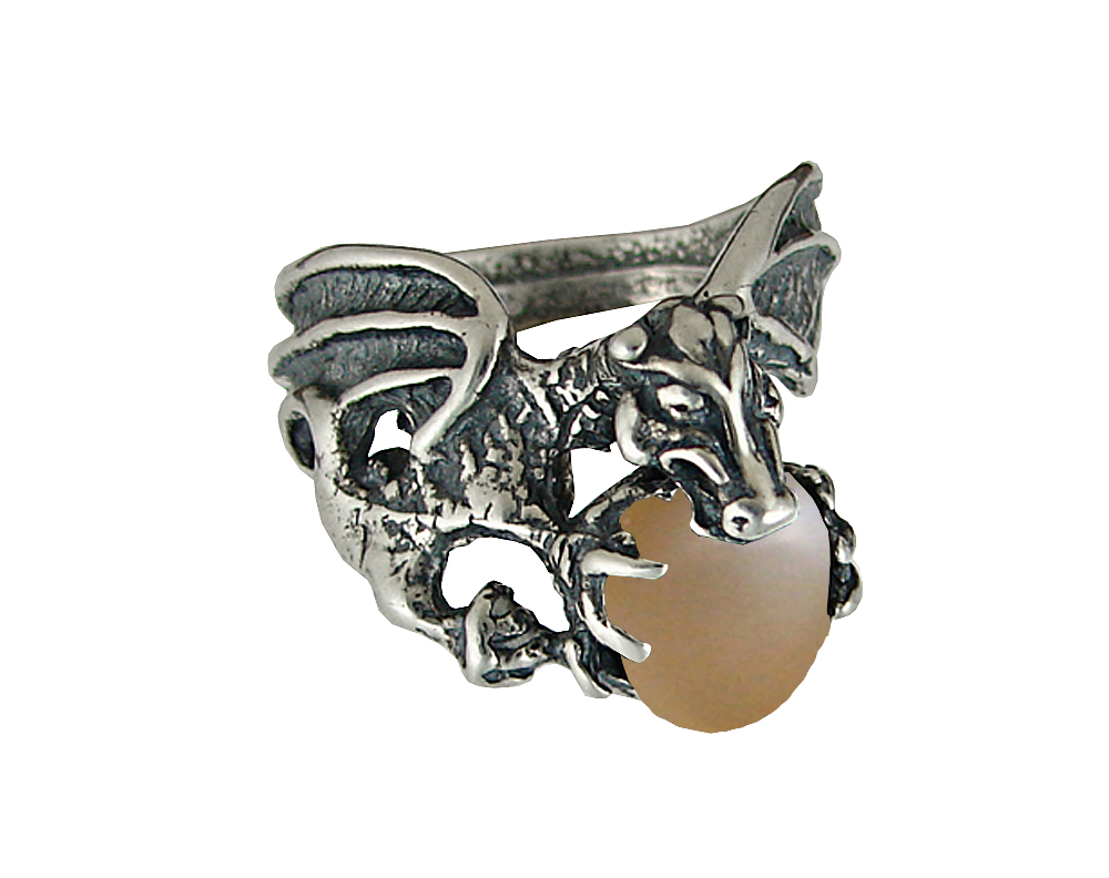 Sterling Silver Dragon of Desire Ring With Peach Moonstone Size 10